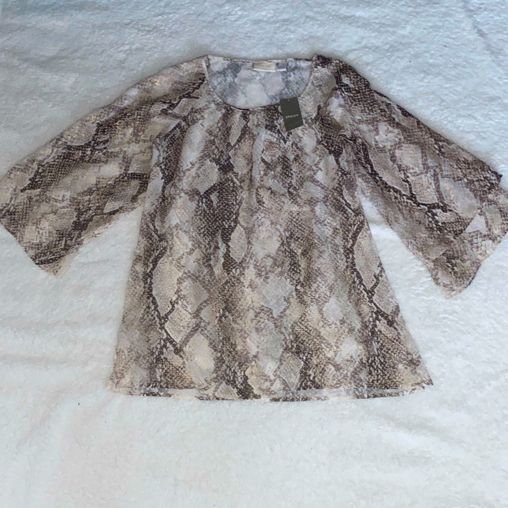NWT Chicos women’s sz 1, foiled reptile deseree three-quarter sleeve top blouse